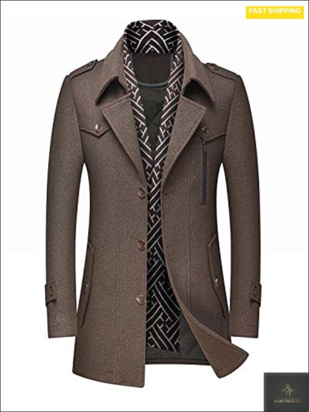 Men's Wool Blend Pea Coat Quilted Windproof Winter Long Overcoat
